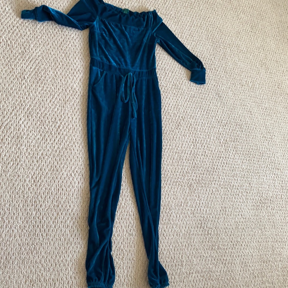 Velvet teal off shoulder jumpsuit